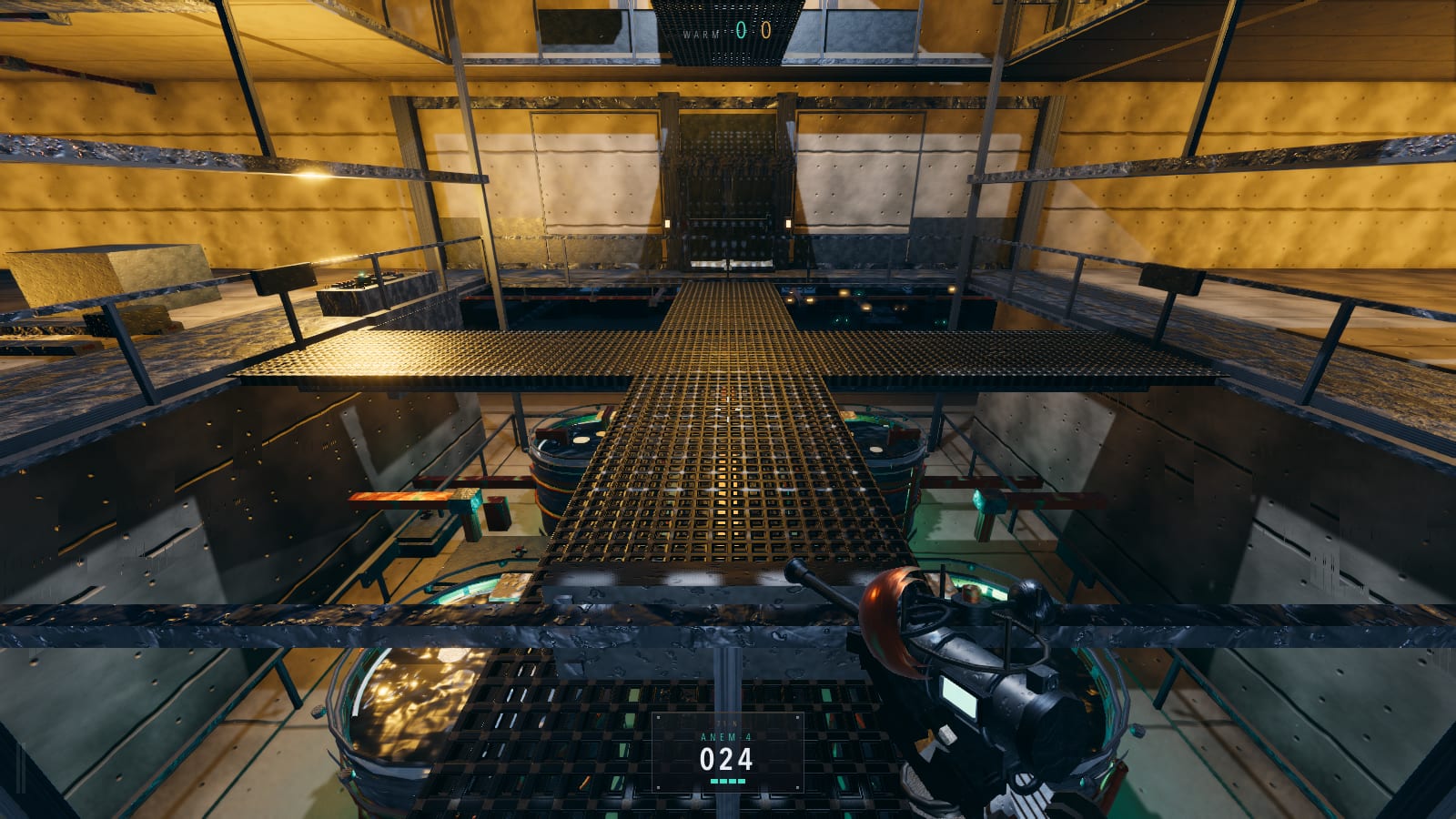 A two-storey concrete atrium lit sodium orange, with a grate catwalk running out over four teal-lit brine tanks two floors below.