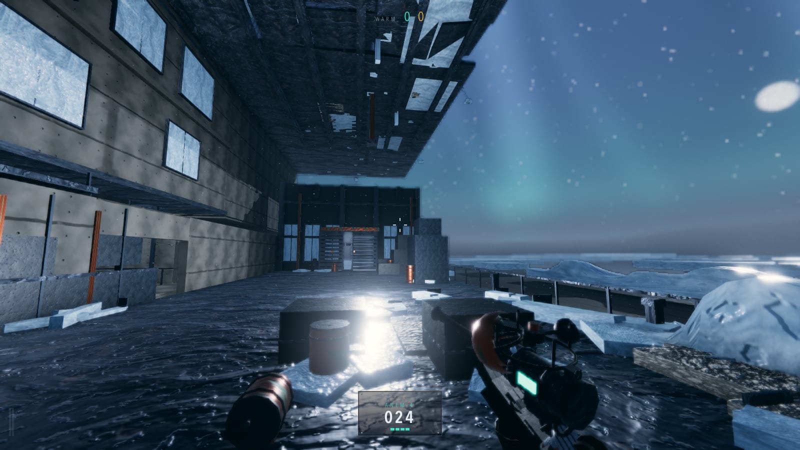 The south dock running out to open sea ice, moonlit blocks on the deck and the far ice shelf on the horizon.
