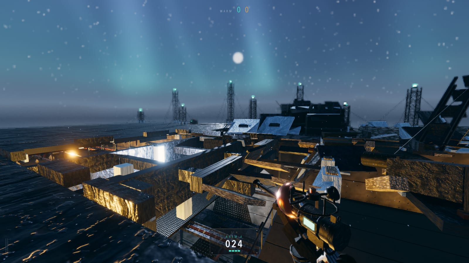 The torn roof of an Arctic station under an aurora, antenna masts across the sea ice and snow falling through the moonlight.