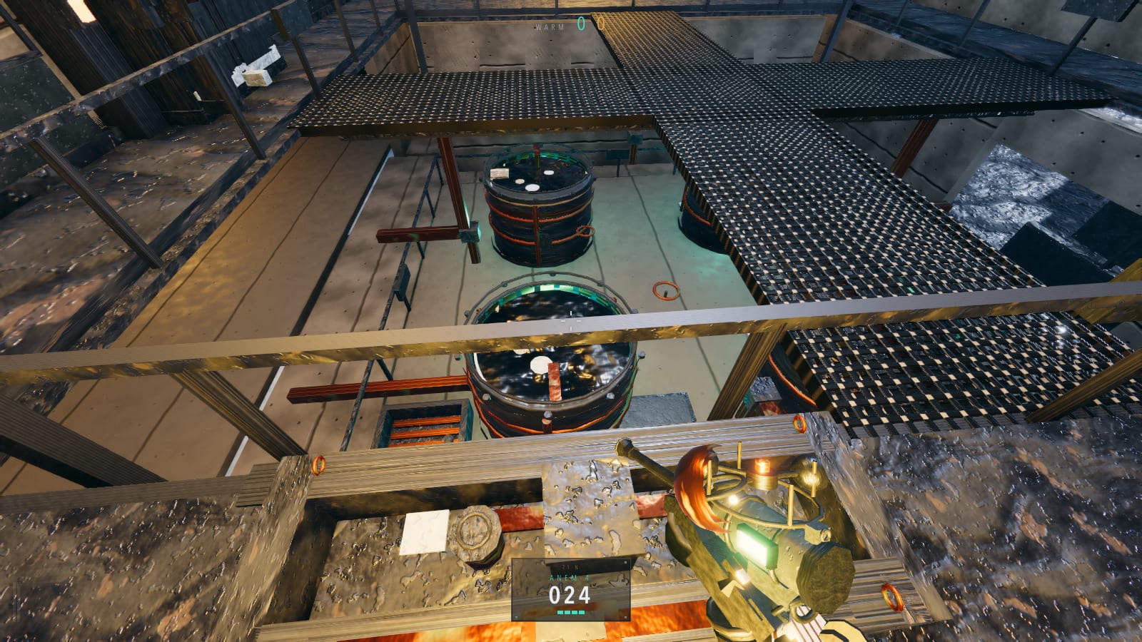 Looking down the shaft from the east walk into the pump deck: four brine tanks with lit teal rims, copper mains and an orange drip tray on wet concrete.