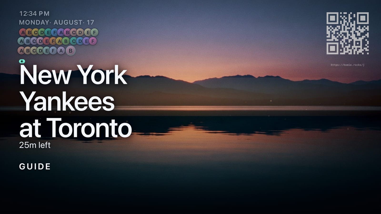 The television at dusk showing a still lake, with three dense rows of small joined-seat initials stacked in the top-left corner beside the clock.