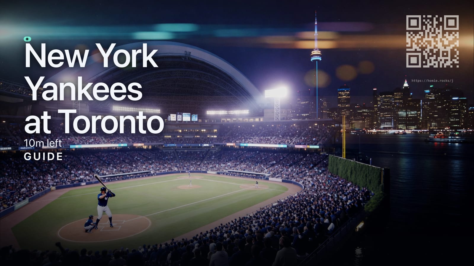 A night baseball game filling the television, the stadium bowl lit under floodlights with a city skyline and water behind it.