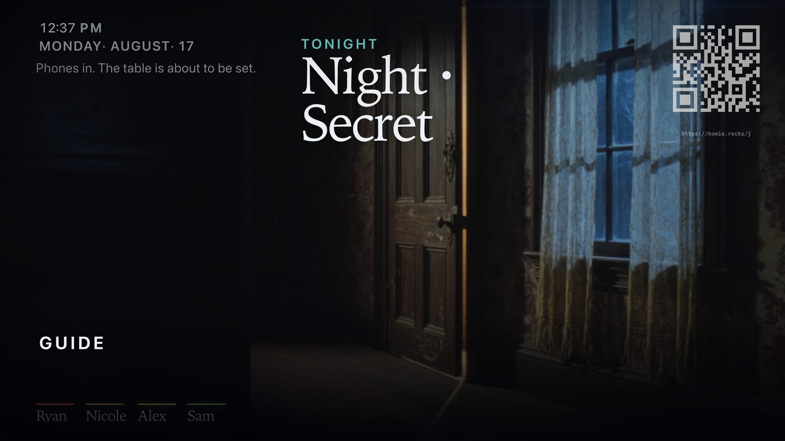 A dark hallway on the television, a door ajar and cold blue light falling through a curtained window.