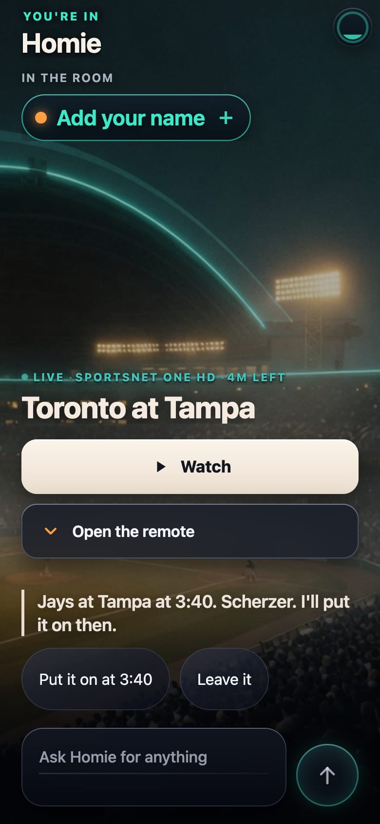 A phone showing the Homie room: the live game, a watch button, the remote, and a reply from Homie with two quick answers.