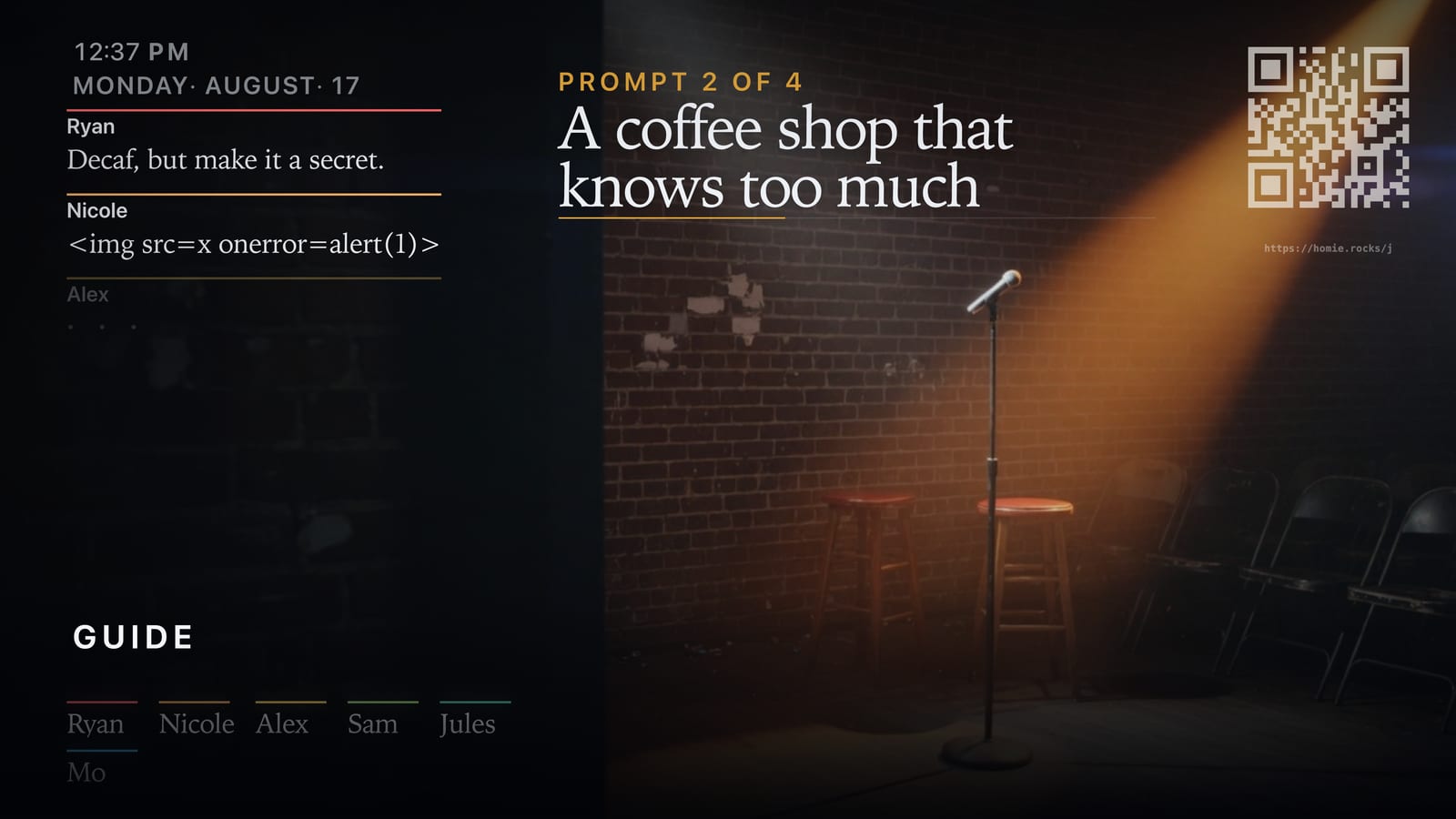 A Punchline prompt on the television with a rail of typed answers beside it, one of them containing raw markup.