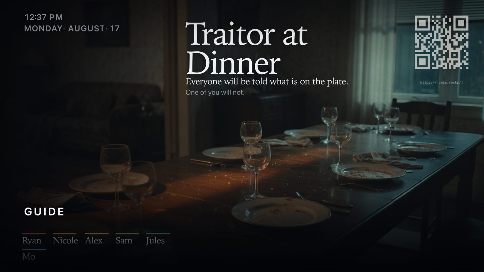A long dinner table on the television, plates cleared, wine glasses catching a low warm light.