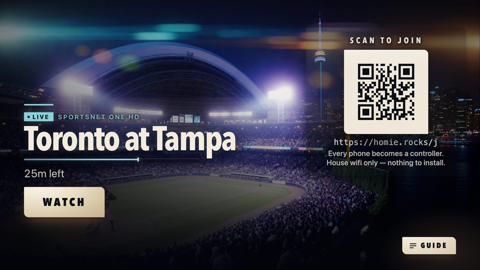 A television showing a live baseball game, with a scan-to-join panel and QR code down the right-hand side.