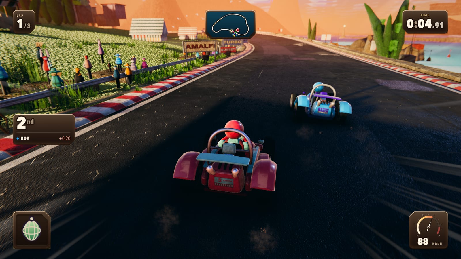 Two karts on the harbour boulevard at sunset, grandstand crowd on the left and the bay opening on the right.