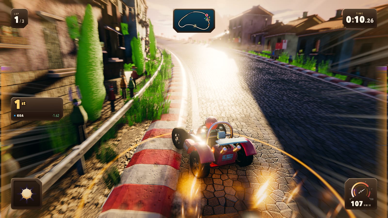 A kart drifting through a cobbled village street at golden hour, sparks trailing from the inside wheels.