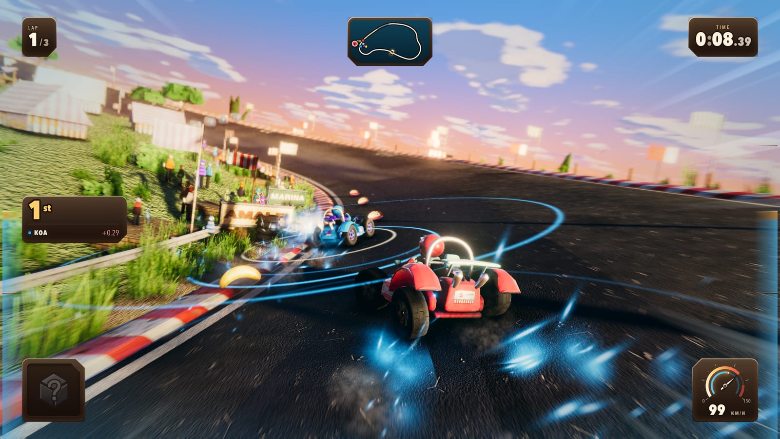 A kart drifting through the marina left-hander with a blue mini-turbo ring flaring around it and blue sparks off the rear wheels, a dropped banana on the tarmac ahead.