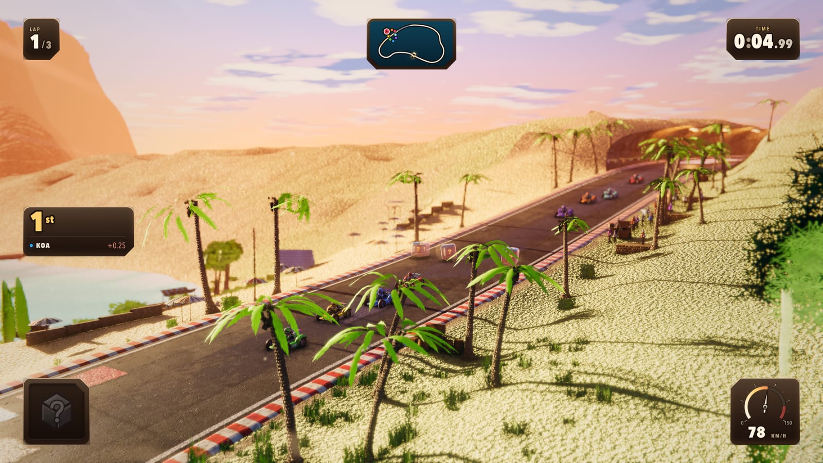 High wide view of the beach descent, palms lining the road, item boxes hovering over the tarmac and the field spread out ahead.