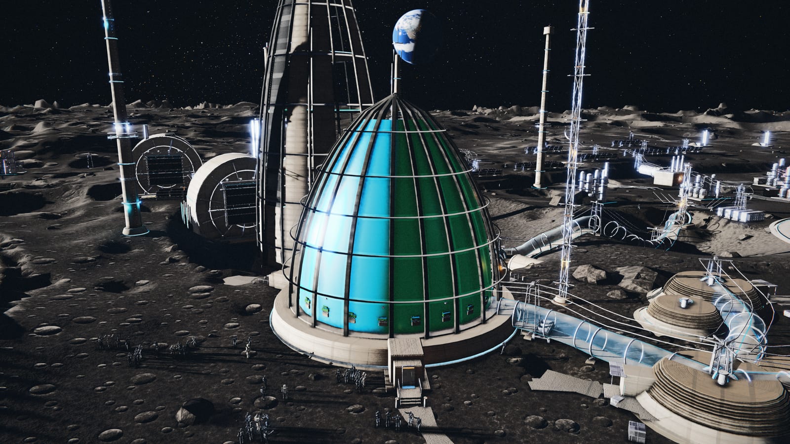 An ogival lattice agri-dome lit from inside, its panels glowing white against the black crater floor, Earth small above it.