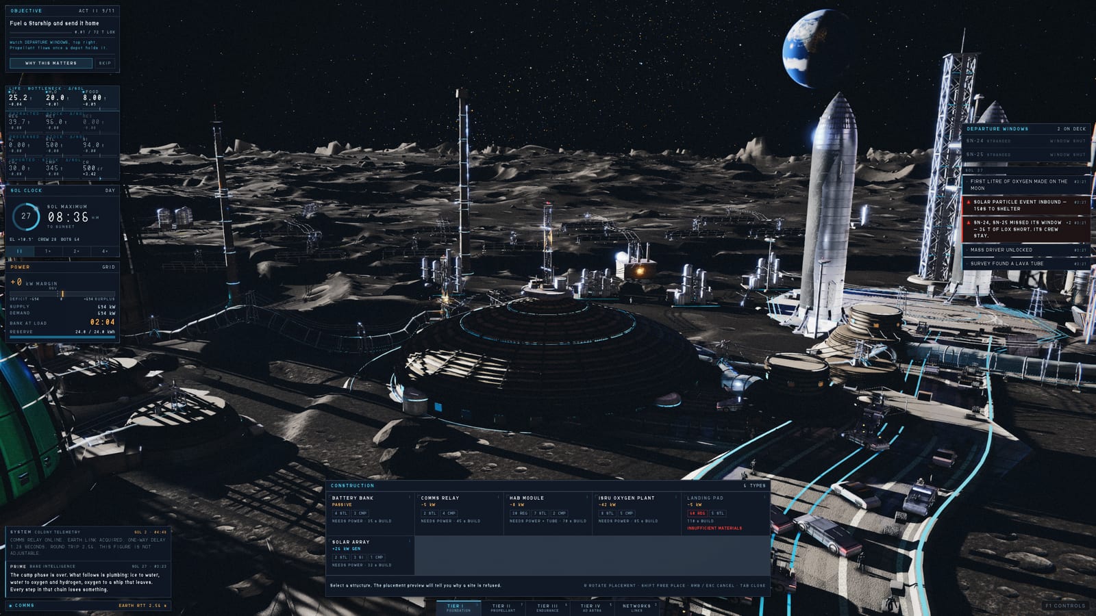 The build menu open over the colony, listing structures with their cost, power, heat and crew requirements, a departure clock at T-03:45.