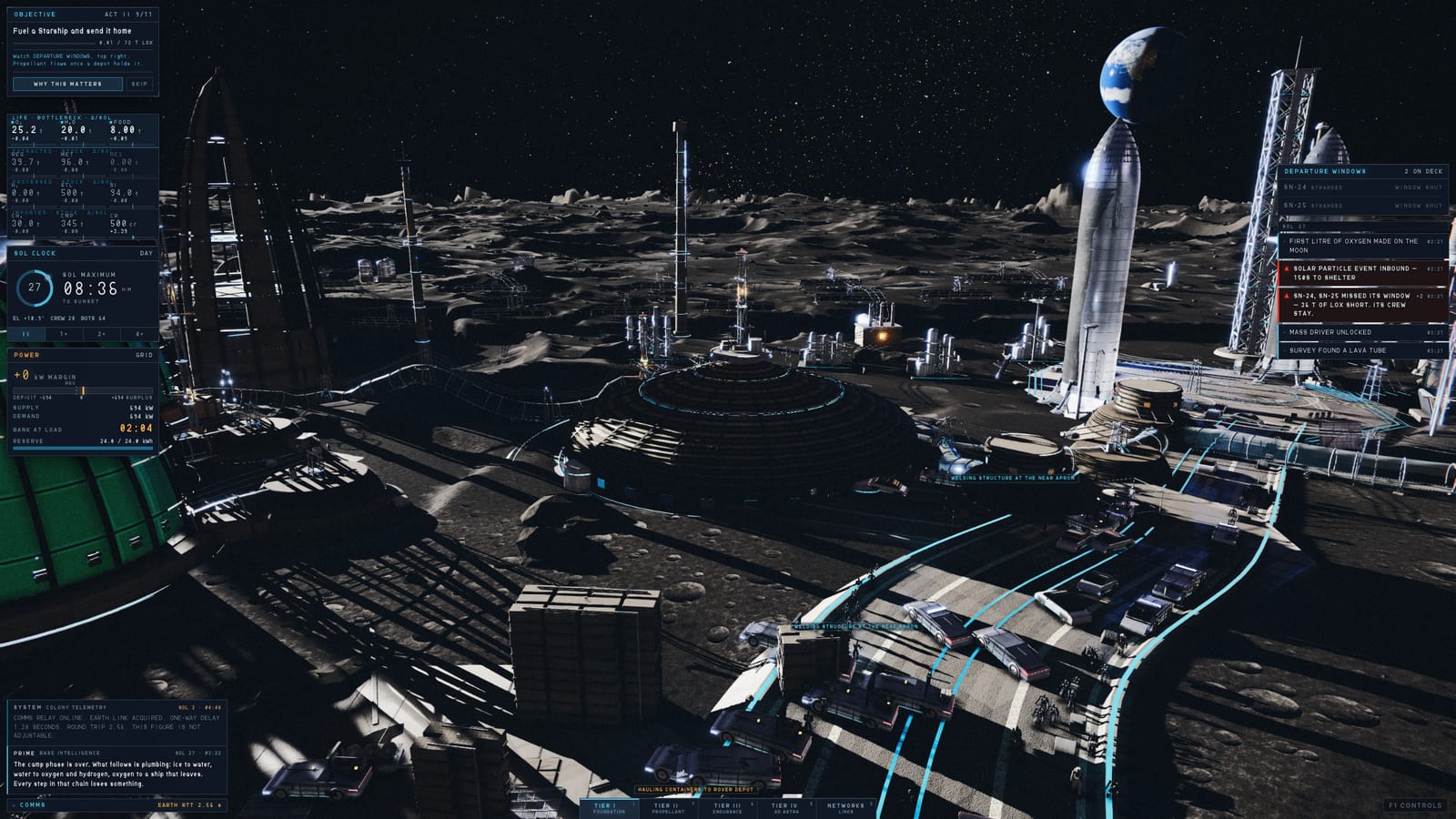 The director's console over the colony: sol clock, power grid with margin and shed order, departure windows counting down and a character feed.