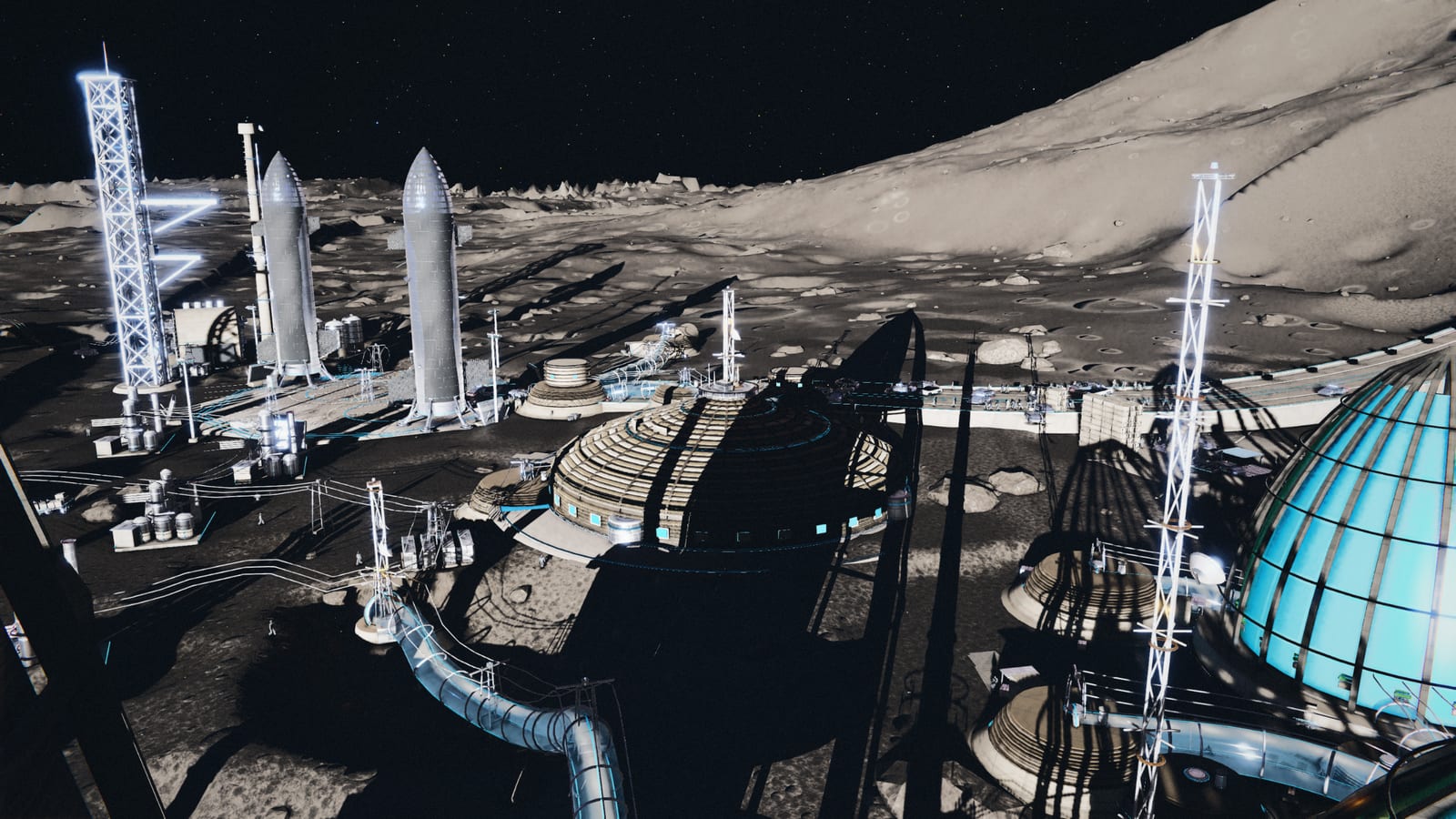The hub dome seen from above at night, transit lanes streaking white between habitat shells and landed Starships.