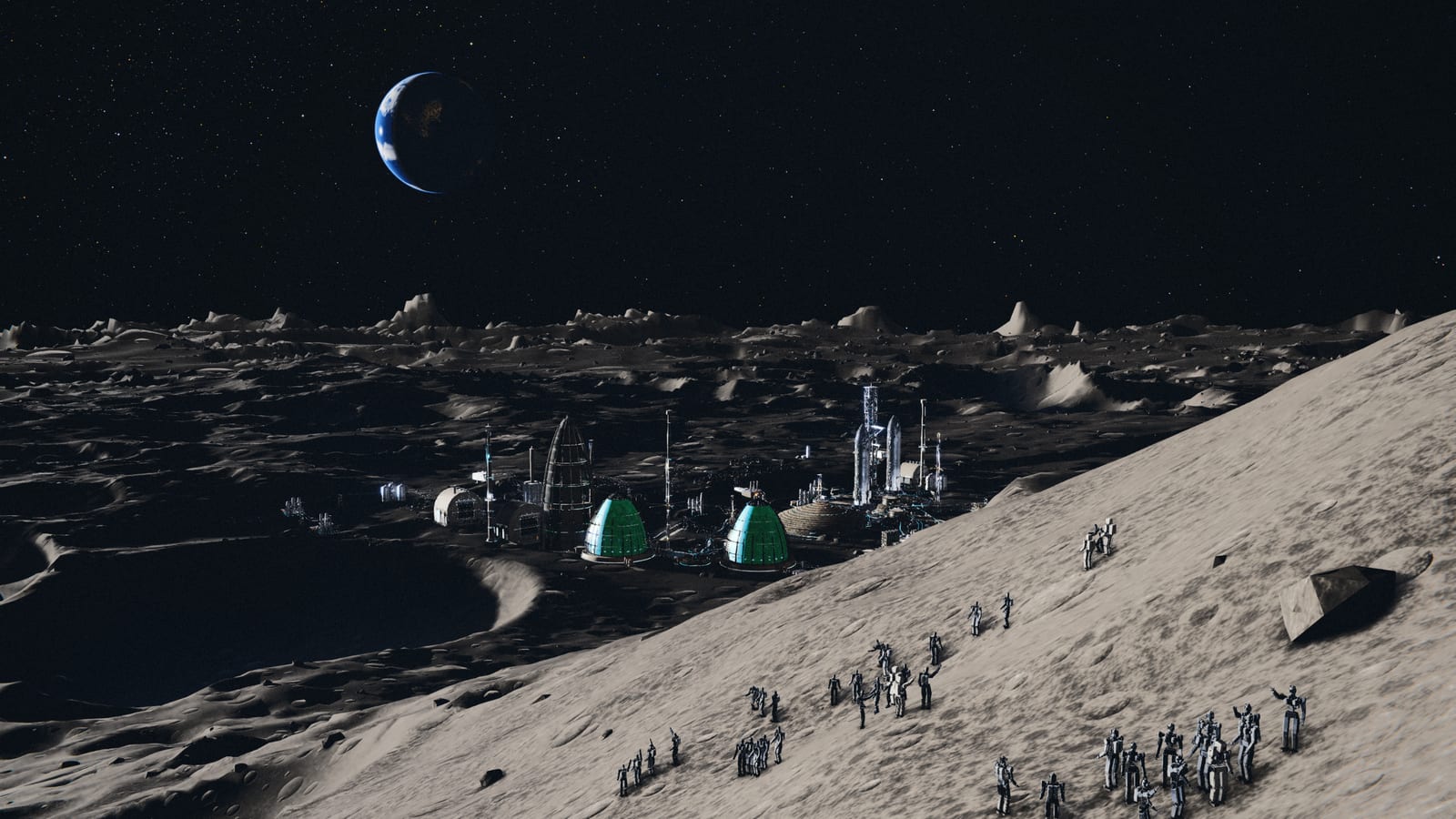 A crescent Earth over the curved lunar horizon, the crater rim in silhouette and the base a scatter of small lit domes on the floor below.