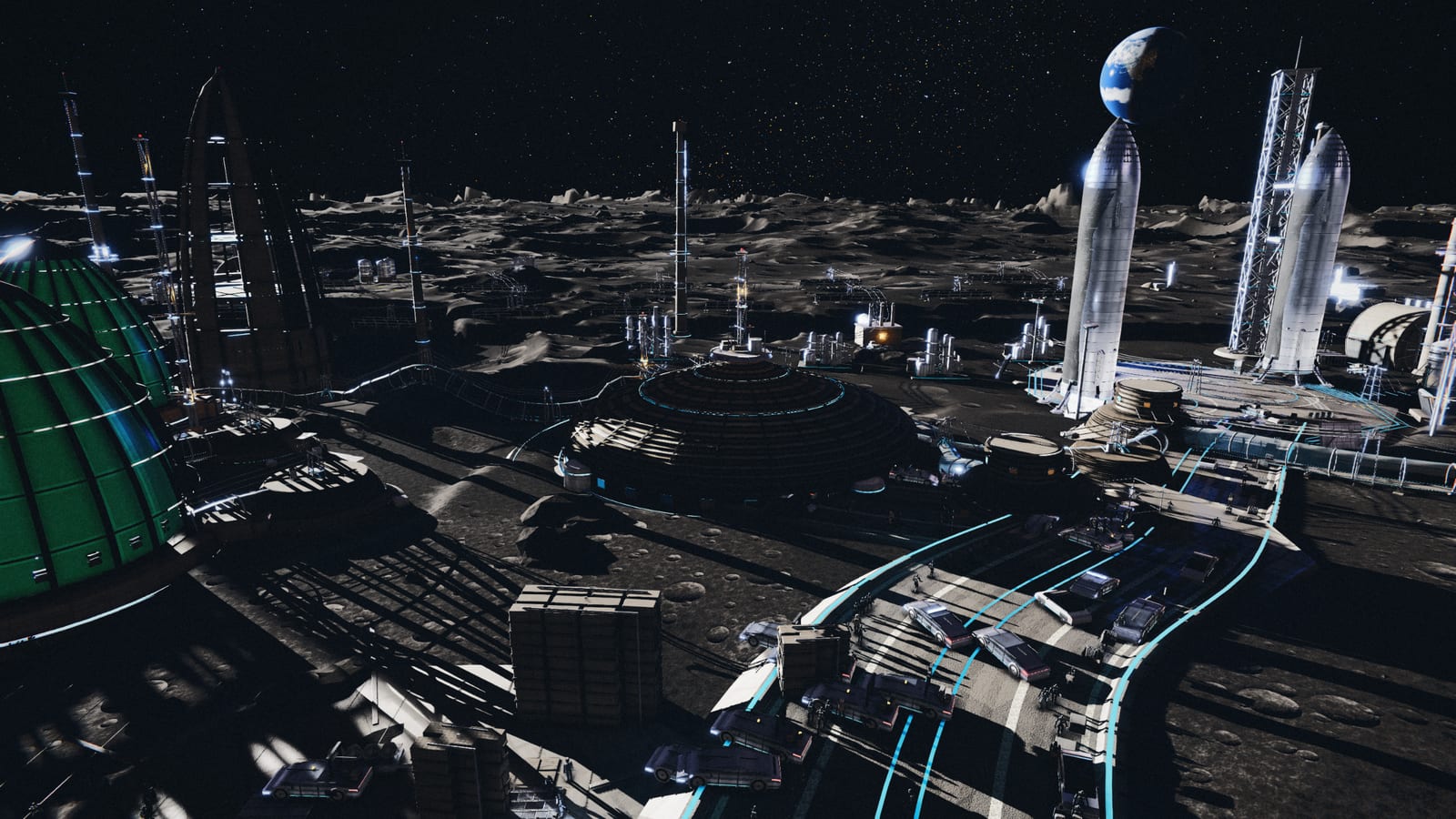 A lunar base spread across the floor of Shackleton Crater at dusk, low sun raking the rim behind rows of solar arrays, domes and a landed Starship.