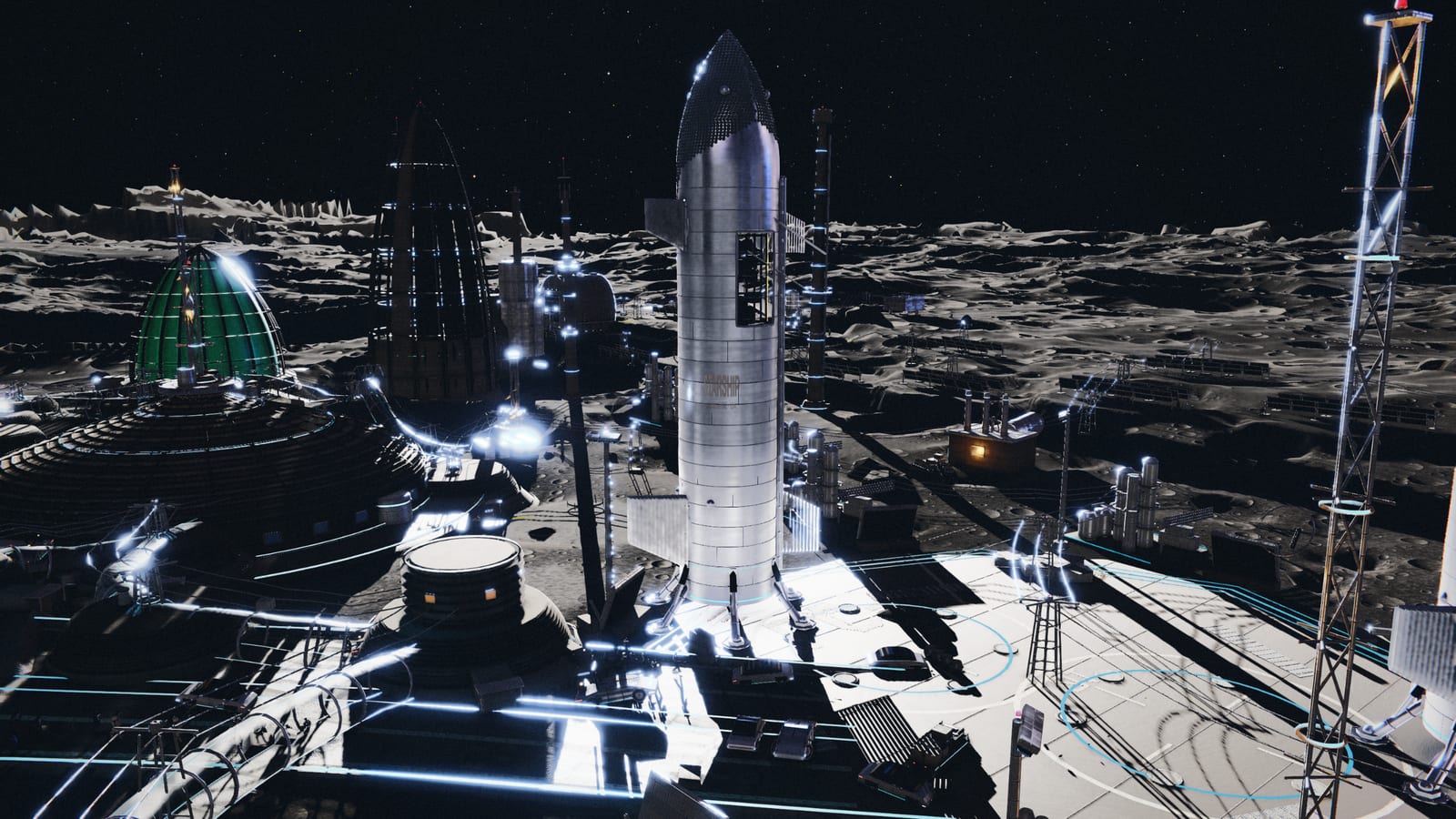 A Starship standing on a sintered landing pad at night, floodlit against the black crater floor.