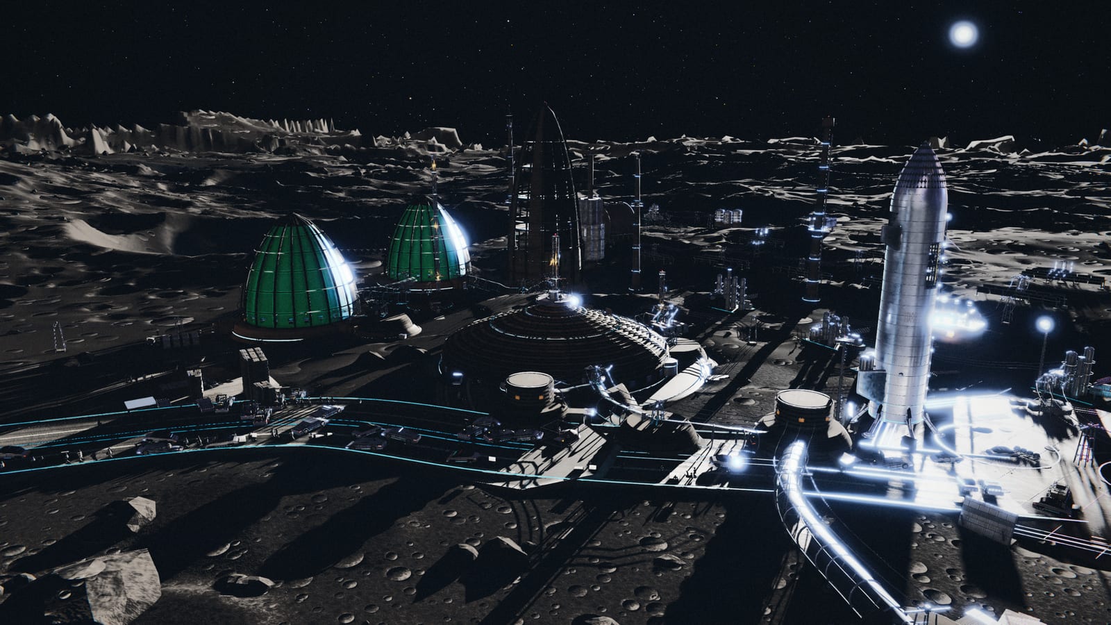 A lattice agri-dome glowing green at the edge of the colony at night, transit lines and habitat shells running away from it across unlit regolith.
