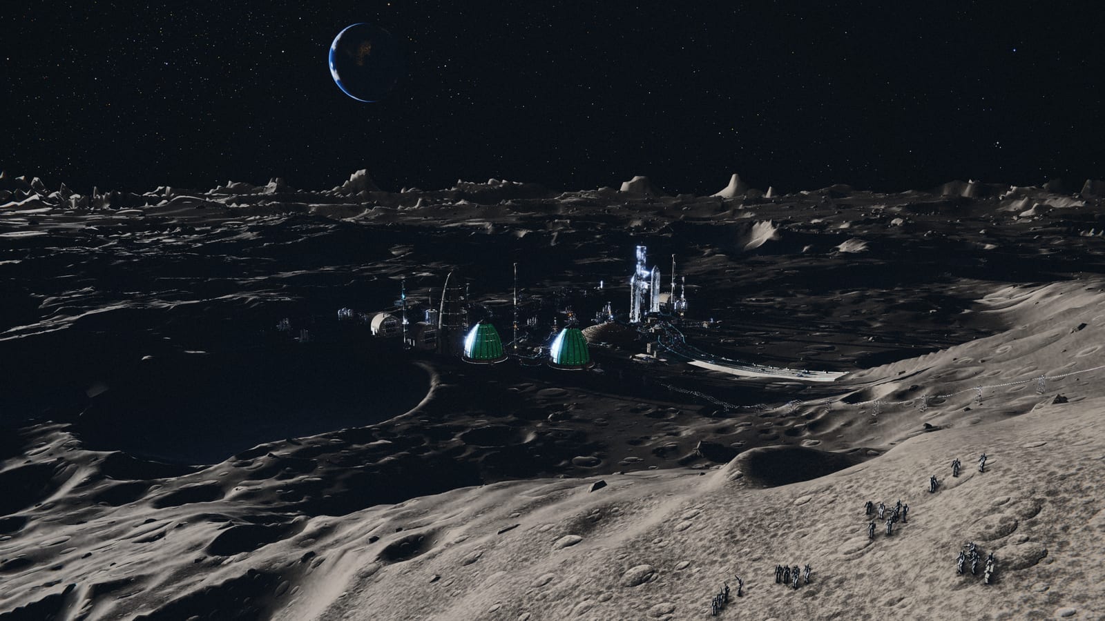 A lunar base on the floor of Shackleton Crater under a crescent Earth, agri-domes lit green against the terminator on the rim.