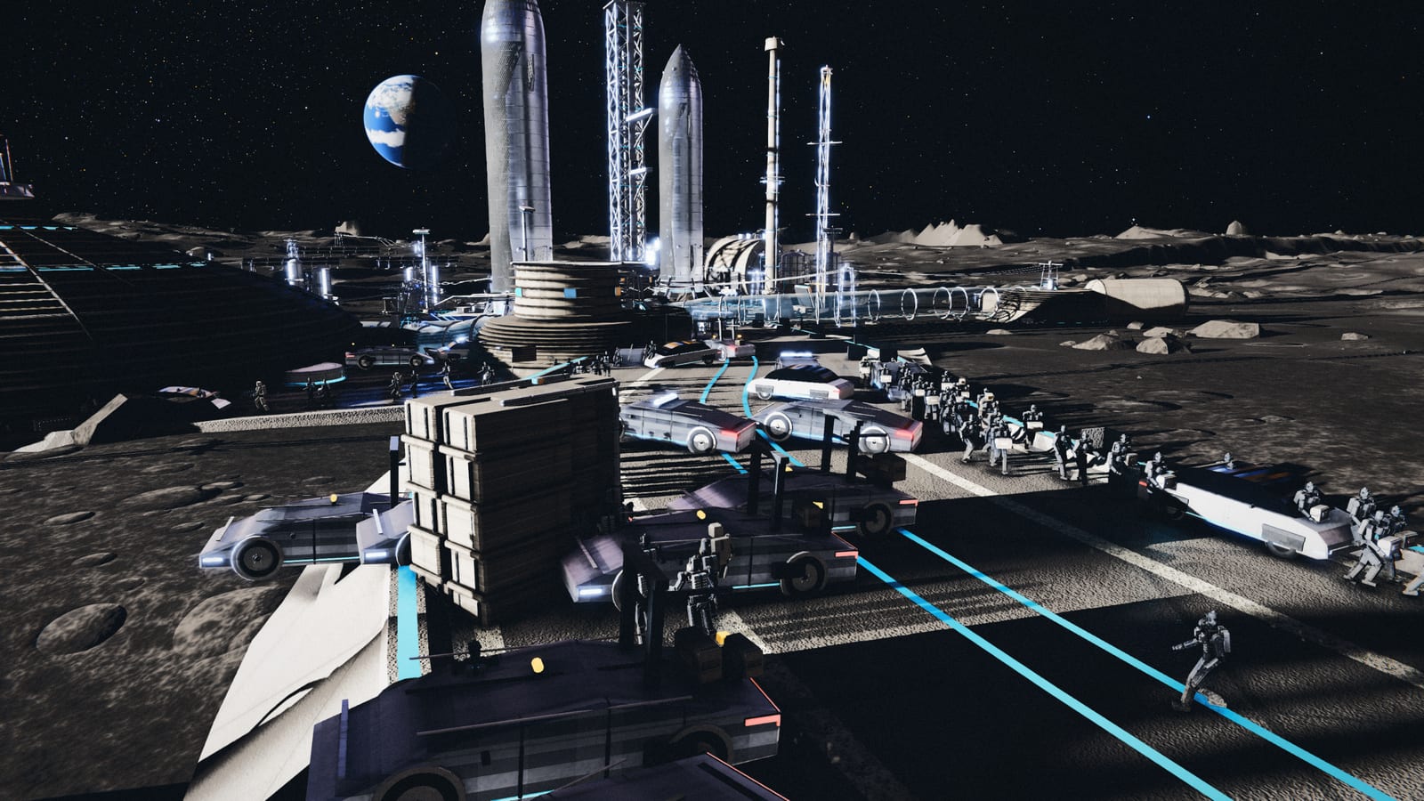 Ground level on a lit sintered road, transit cars queued at the kerb, crews and bots crossing a concourse under a lunar flag.