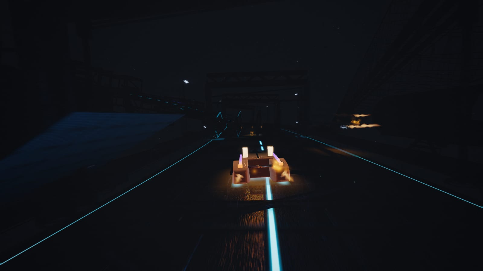 A ship in near-total darkness inside the planet's shadow, lit only by its own engine glow and a thin cyan line down the centre of the deck.
