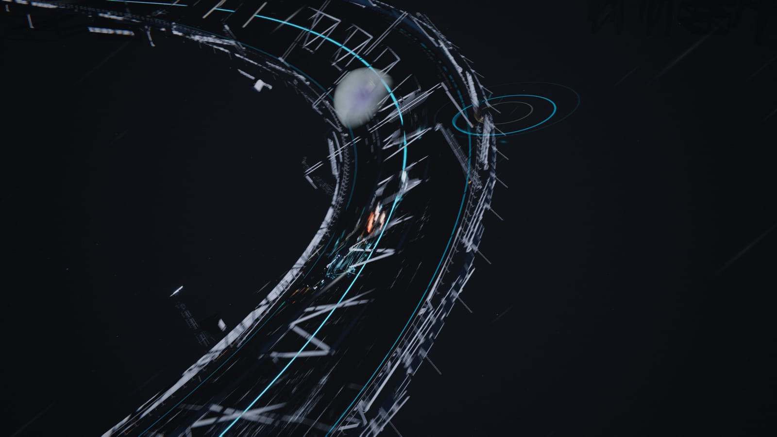 A long arc of the orbital ring seen from outside, cyan service lighting running the length of an unclad truss spine against black.