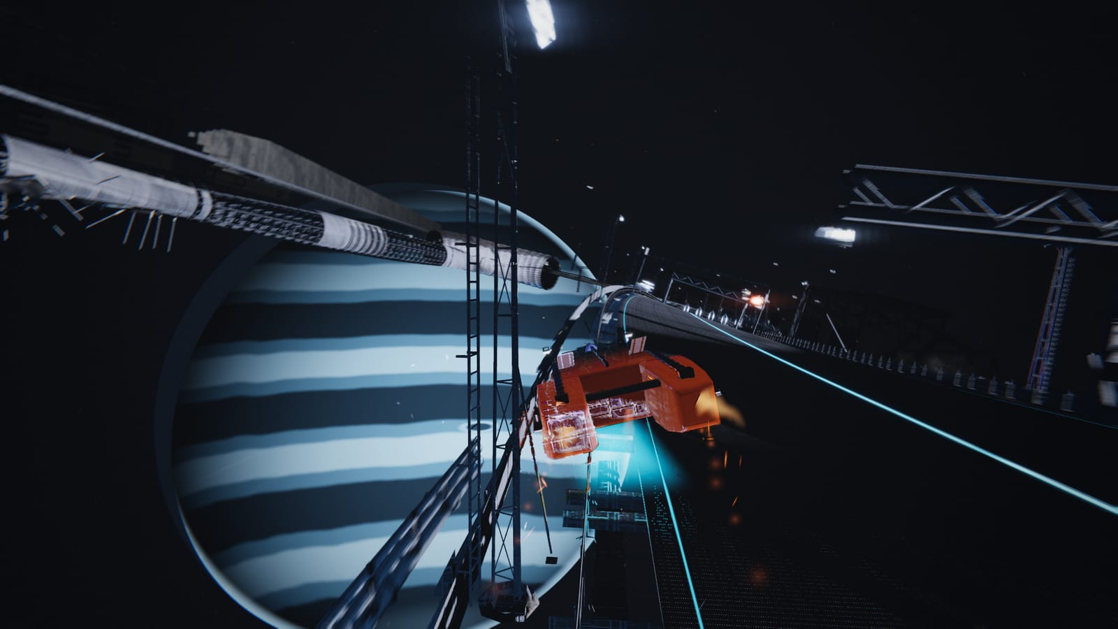 A racing ship clamped to the construction deck of an orbital ring, the frozen gas giant Kesh filling the sky beneath it.
