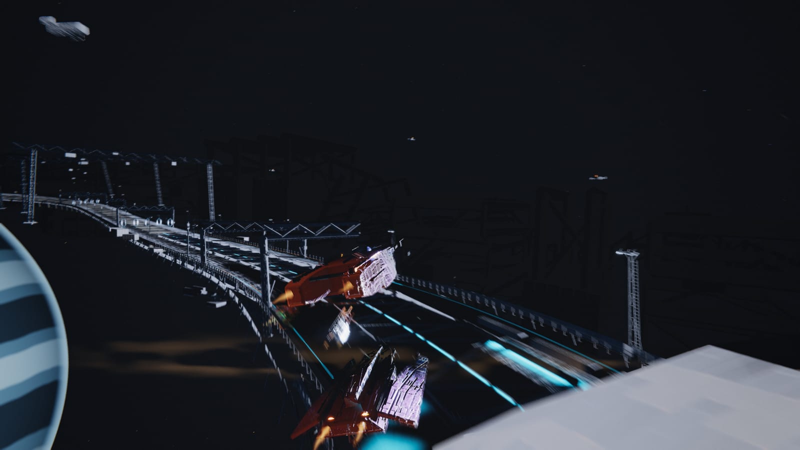 A ship holding a narrow repair corridor lit by a hard orange induction mast while the deck streams past on the right.