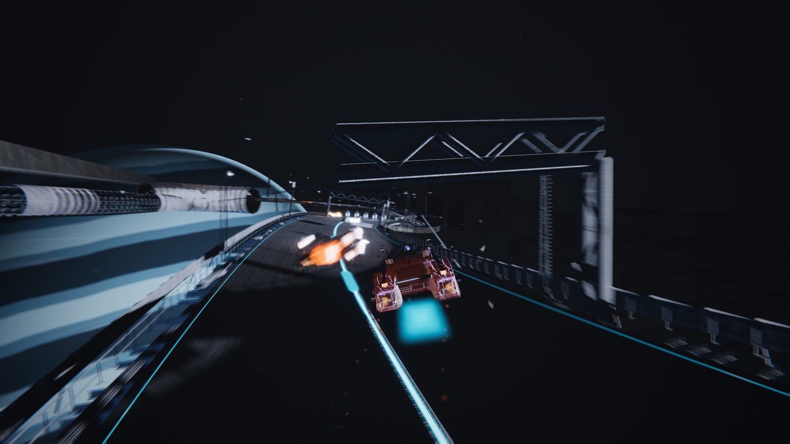 A racing ship on an orbital construction deck with the banded gas giant Kesh filling the sky behind it.
