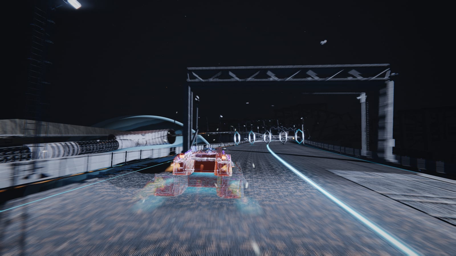 A ship running dead straight along open grating toward a lit gantry, a single cyan racing line down the centre of the deck.