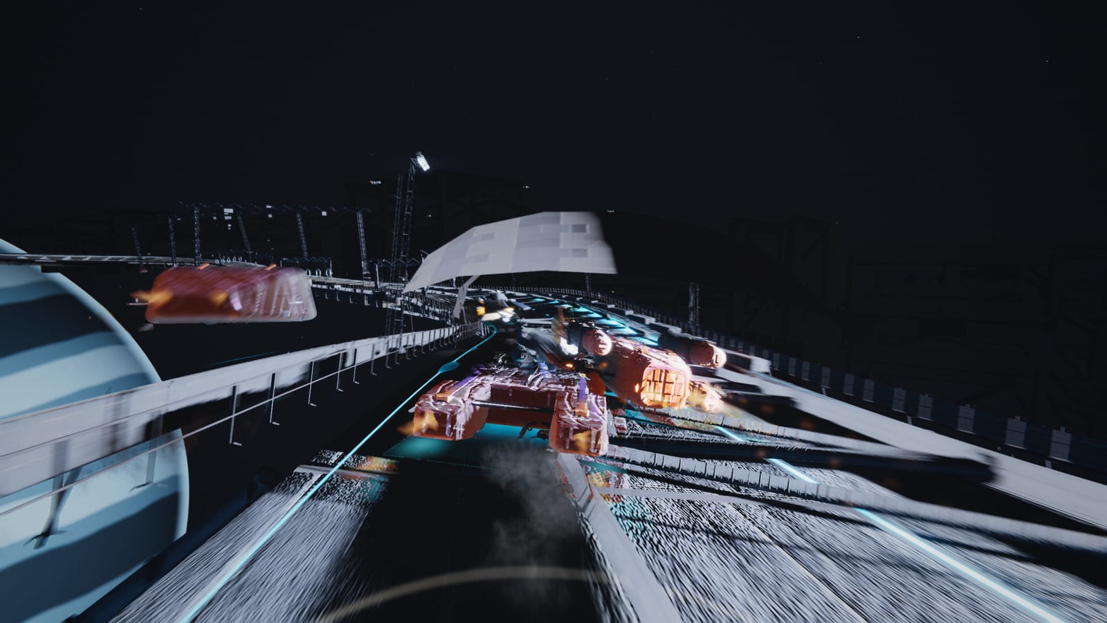 The pack crowding a plate ramp at speed, hulls lit amber and the deck streaked with motion under them.